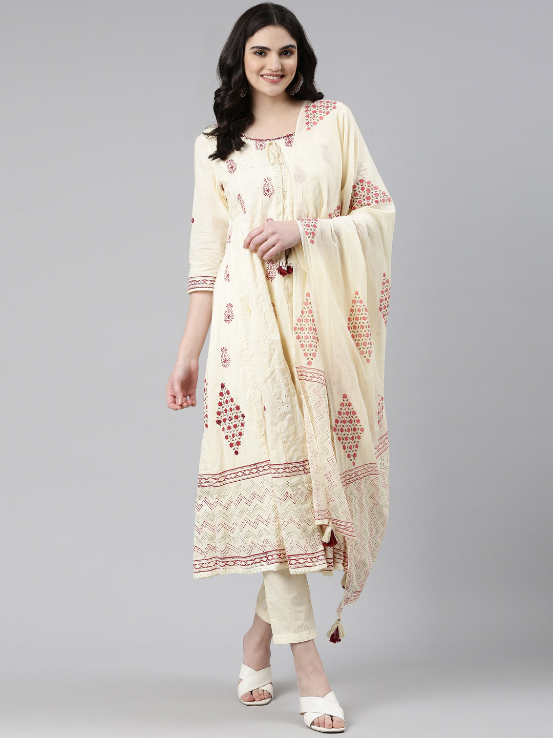 Neerus Cream Regular Anarkali Printed Kurta And Trousers With Dupatta