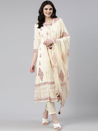 Neerus Cream Regular Anarkali Printed Kurta And Trousers With Dupatta