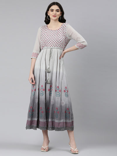 Neerus Grey Straight Casual Printed Gown