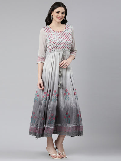 Neerus Grey Straight Casual Printed Gown