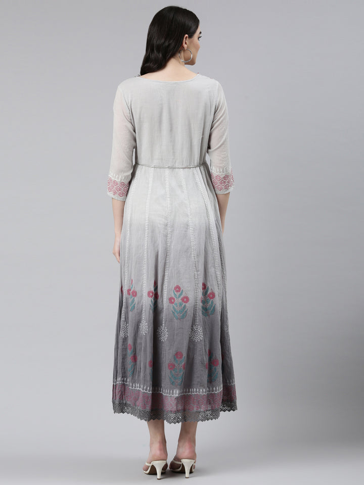 Neerus Grey cotton printed straight dress - side view
