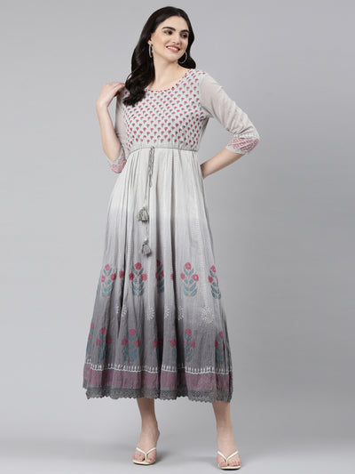 Neerus Grey Straight Casual Printed Gown