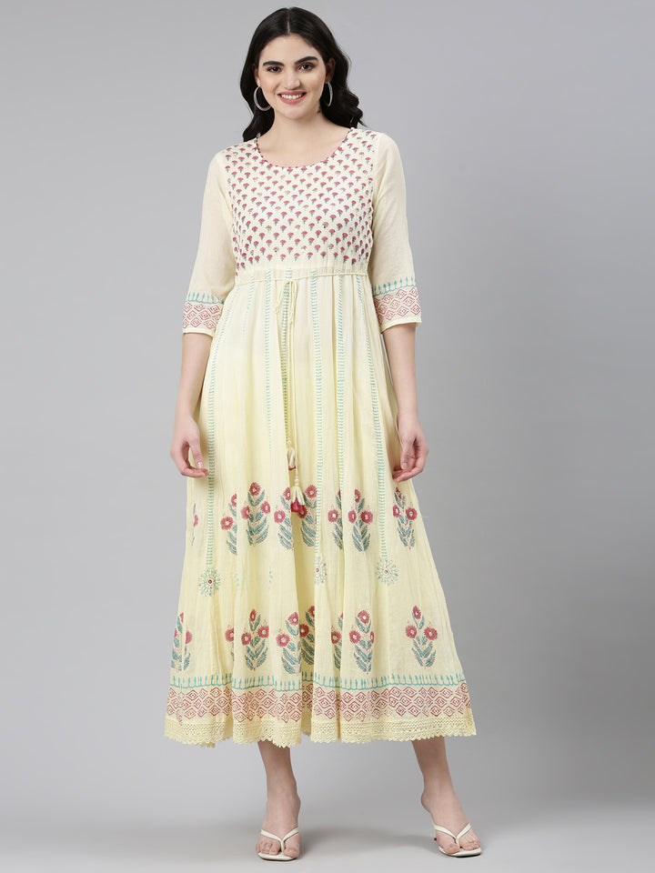 Neerus Yellow Straight Casual Printed Dress