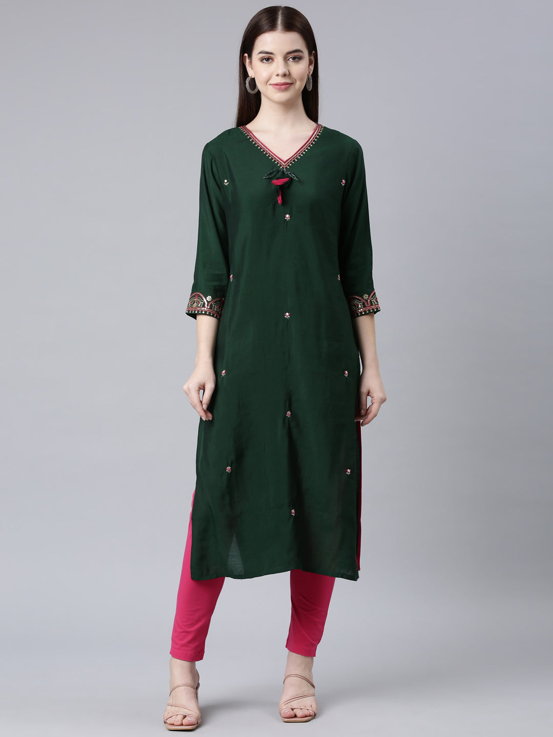 Neerus Green Shantoon embellished straight kurta - front view