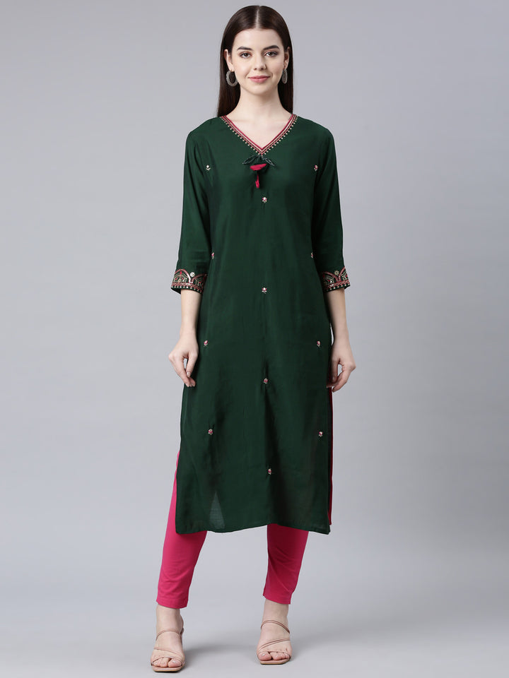 Neerus Green Shantoon embellished straight kurta - front view
