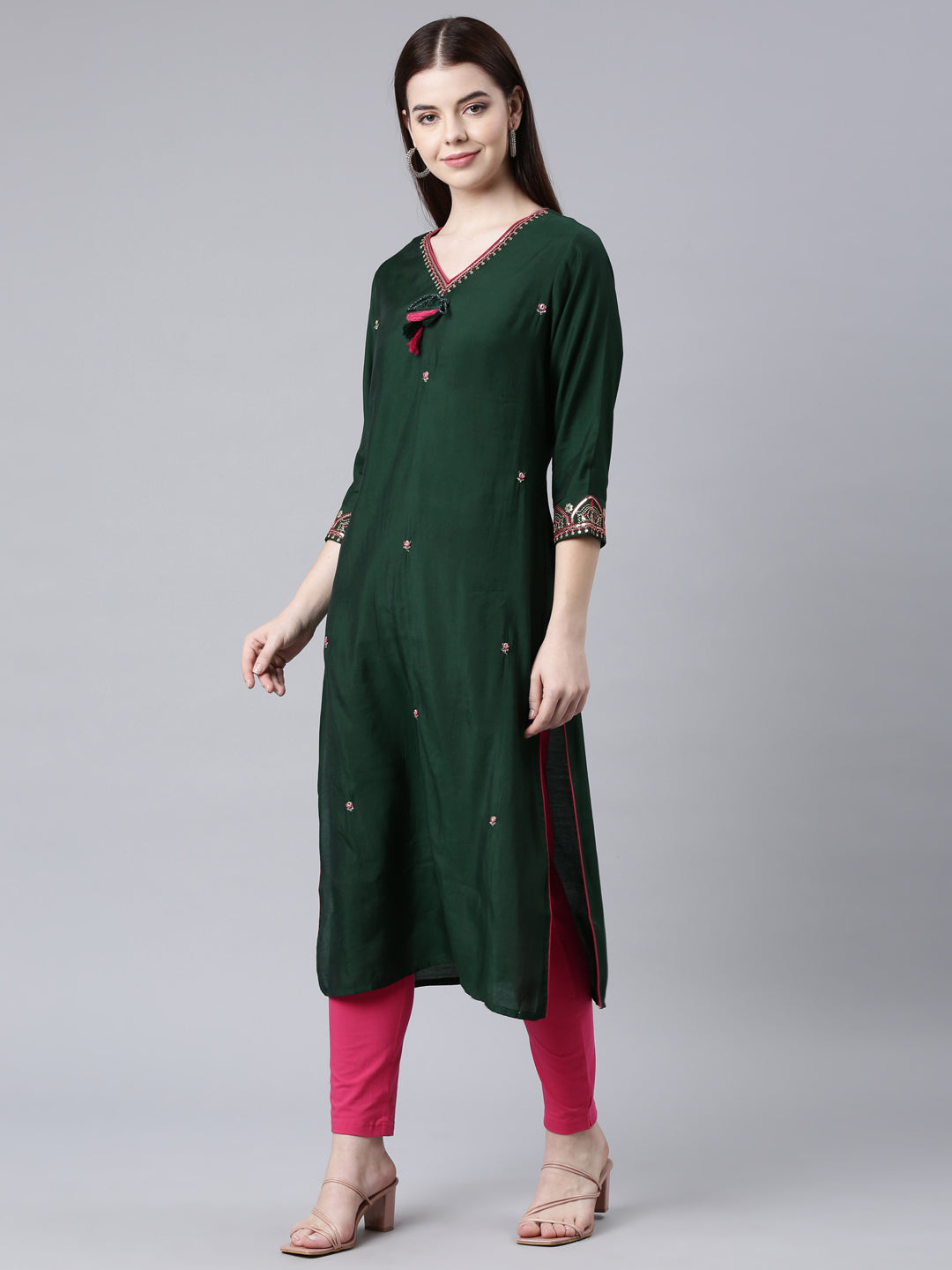 Neerus Green Shantoon embellished straight kurta - back view