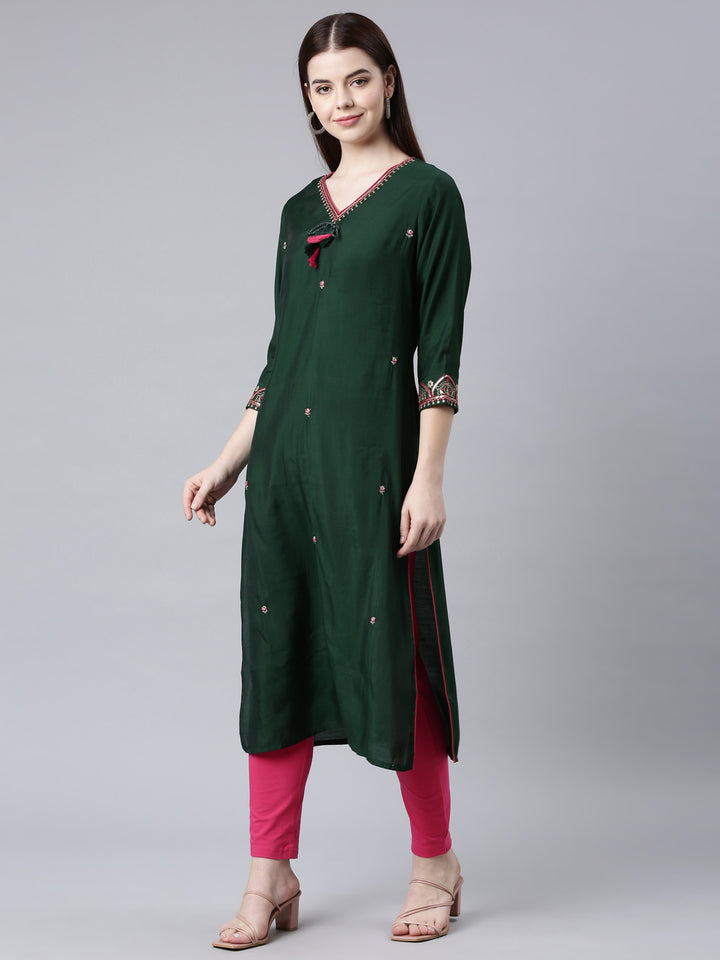 Neerus Green Shantoon embellished straight kurta - back view