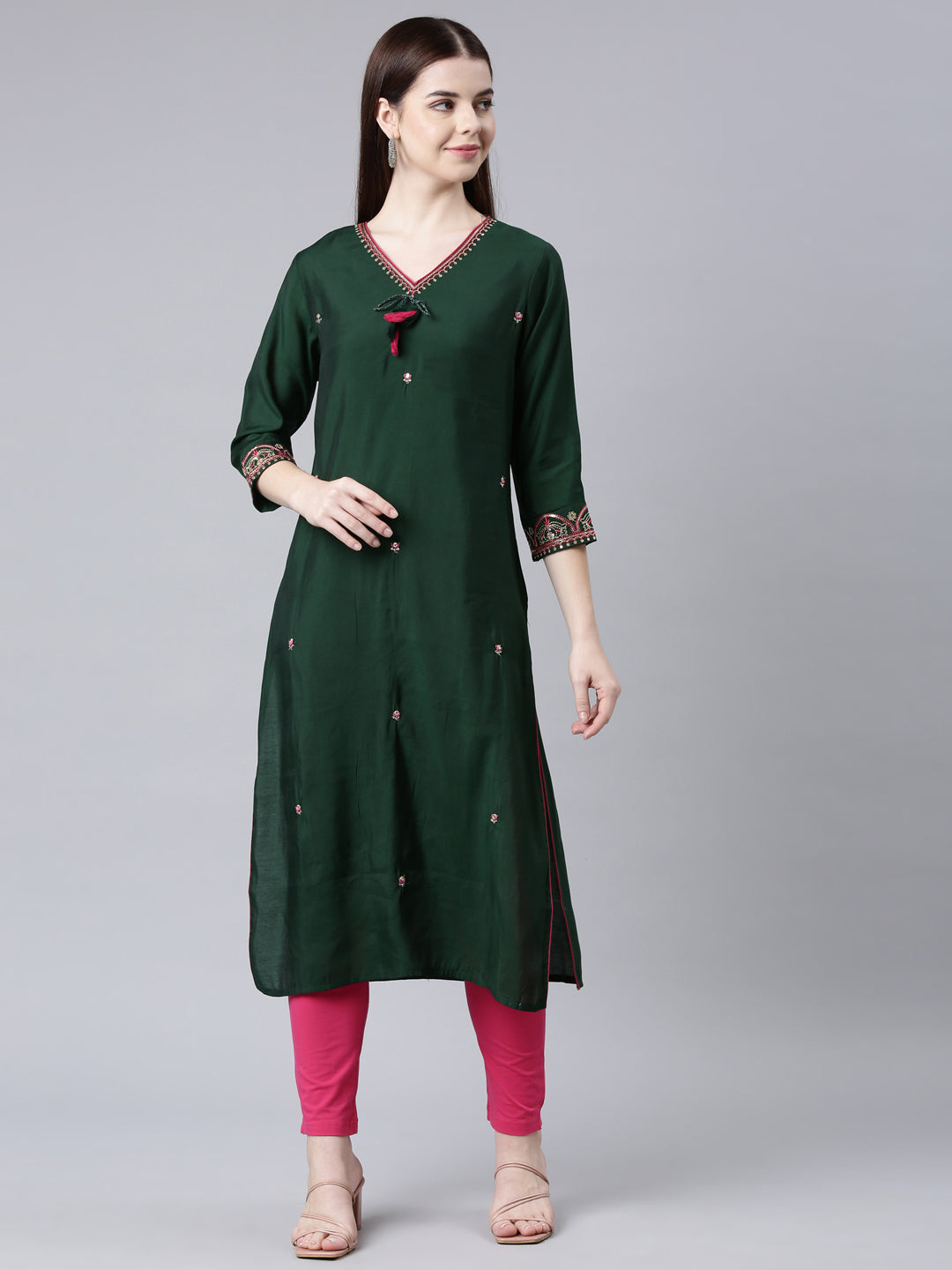 Neerus Green Shantoon embellished straight kurta - detail view 4