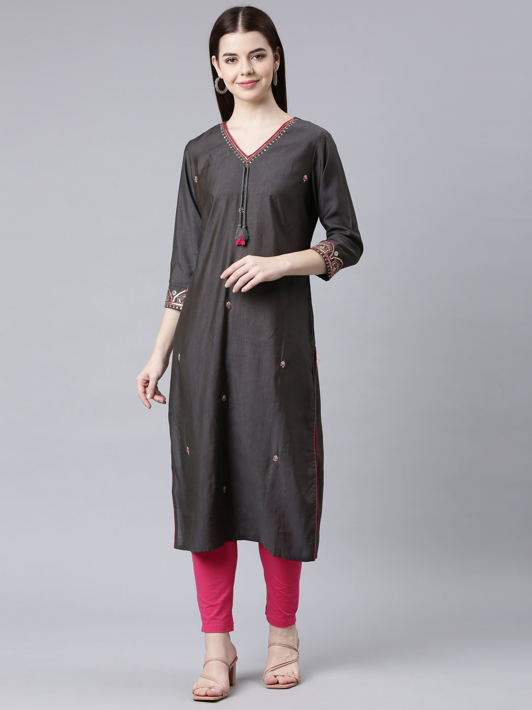 Neerus Grey shantoon embellished straight kurta - front view