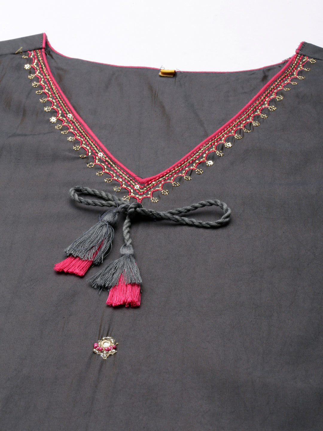 Neerus Grey shantoon embellished straight kurta - detail view 3