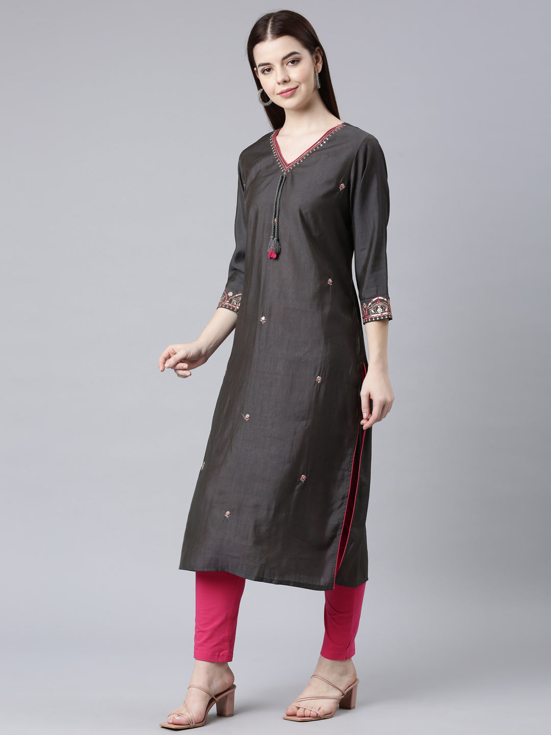 Neerus Grey shantoon embellished straight kurta - back view