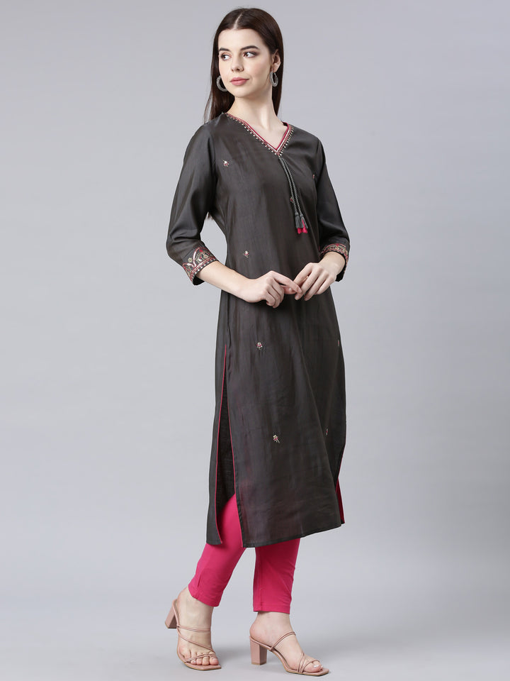 Neerus Grey shantoon embellished straight kurta - side view