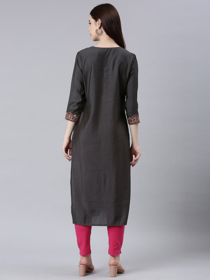 Neerus Grey shantoon embellished straight kurta - detail view 1