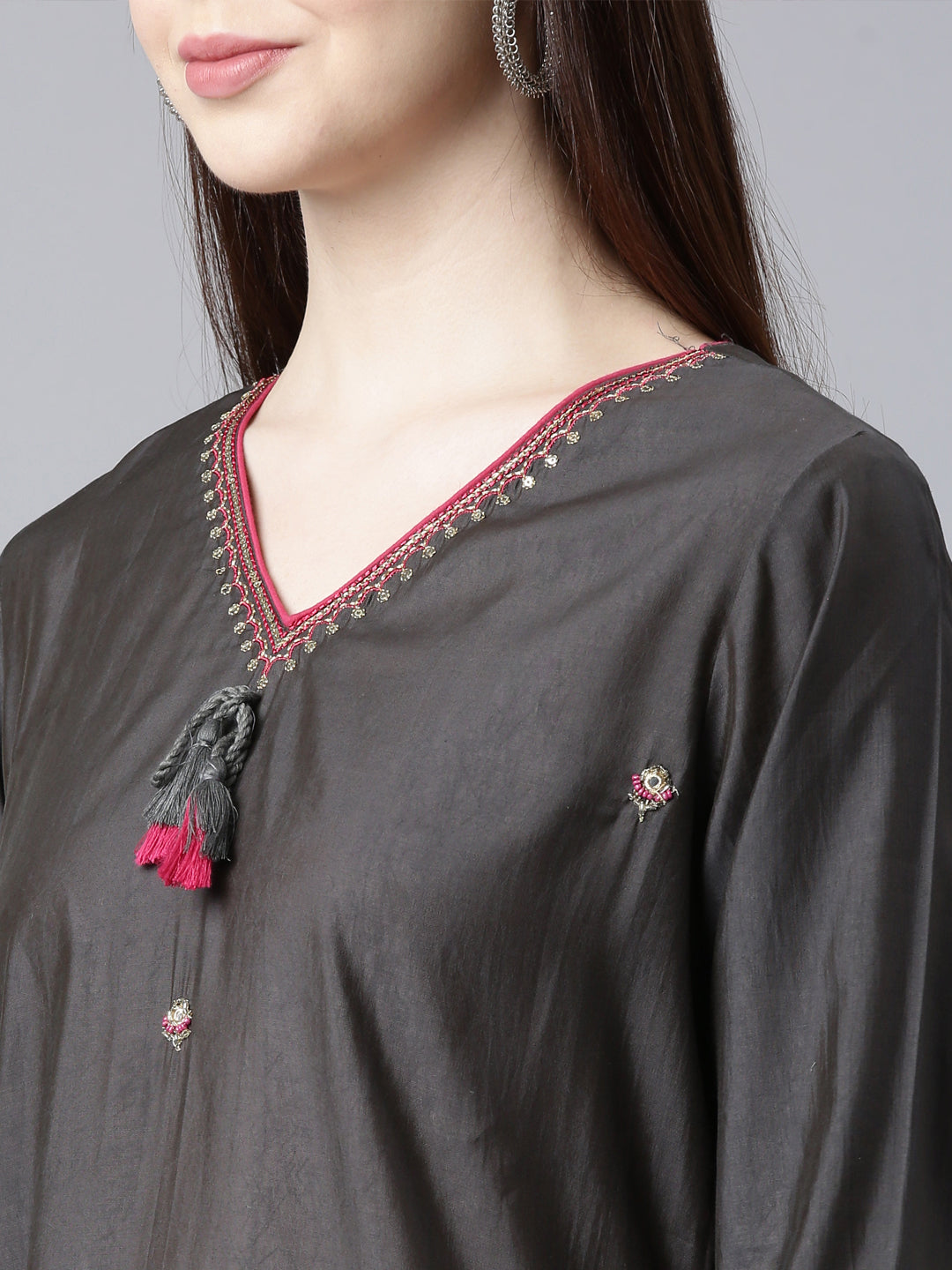 Neerus Grey shantoon embellished straight kurta - detail view 2