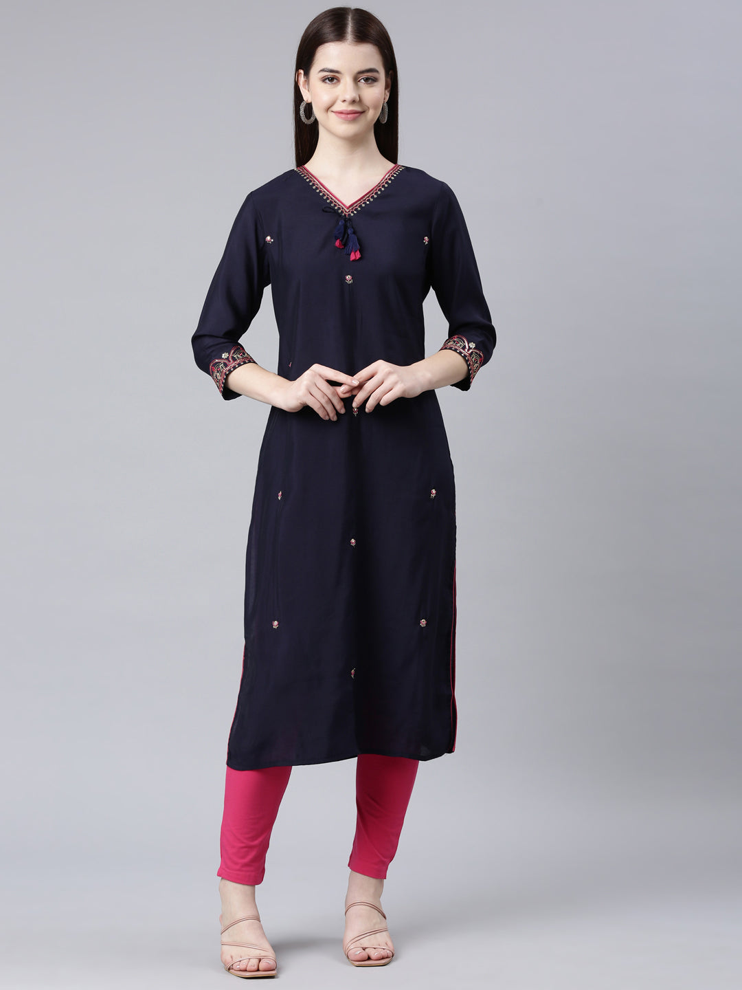 Neerus Blue shantoon embellished straight kurti - front view