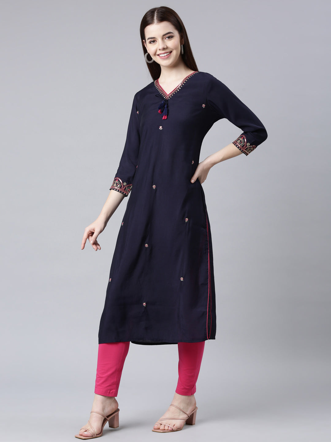 Neerus Blue shantoon embellished straight kurti - back view