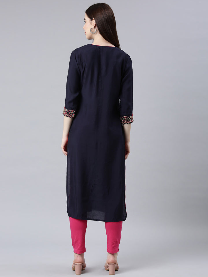 Neerus Blue shantoon embellished straight kurti - side view