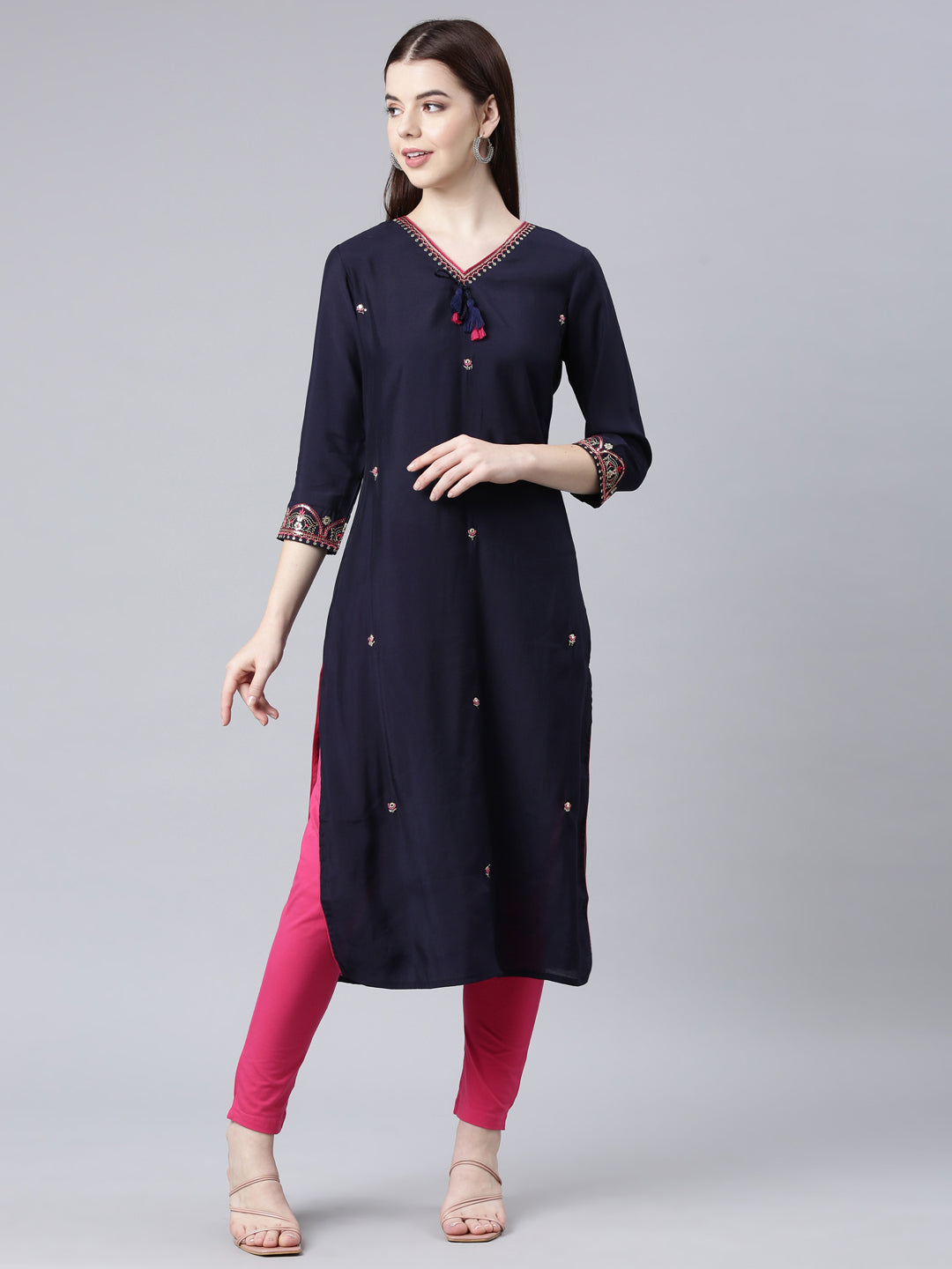 Neerus Blue shantoon embellished straight kurti - detail view 3