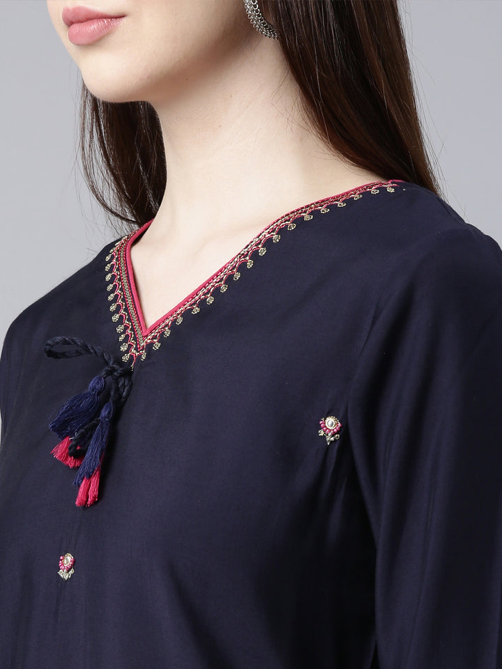 Neerus Blue shantoon embellished straight kurti - detail view 1