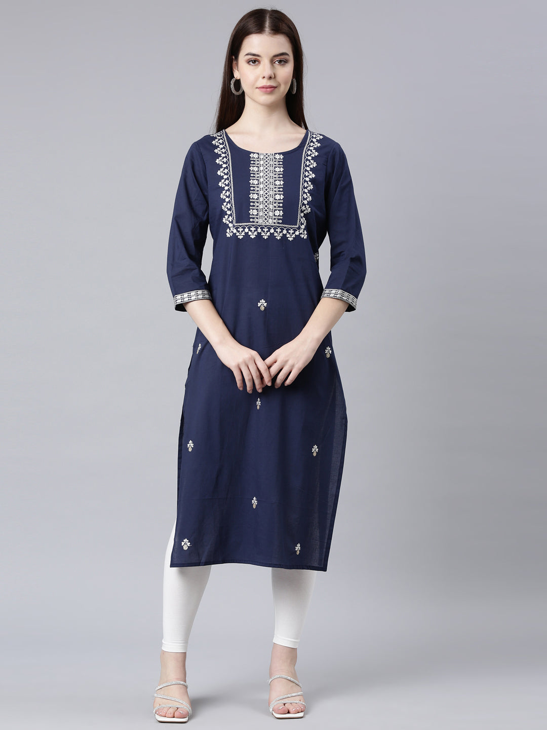 Neerus Blue cotton printed floral straight kurta - front view