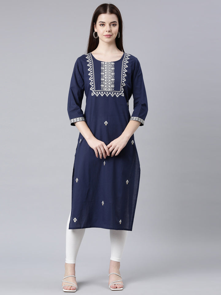 Neerus Blue cotton printed floral straight kurta - front view