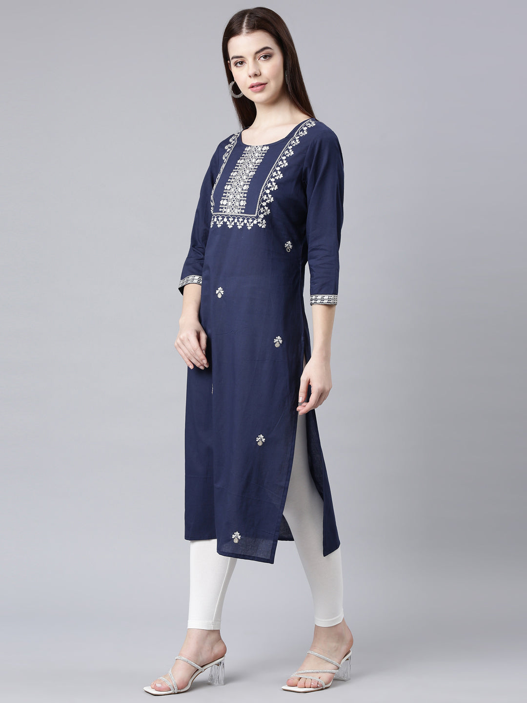Neerus Blue cotton printed floral straight kurta - back view