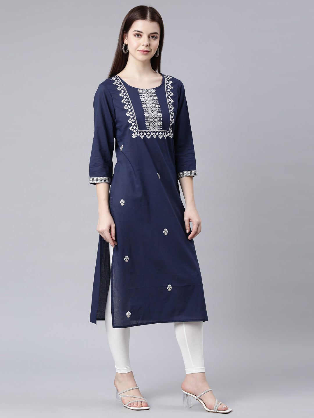 Neerus Blue cotton printed floral straight kurta - side view