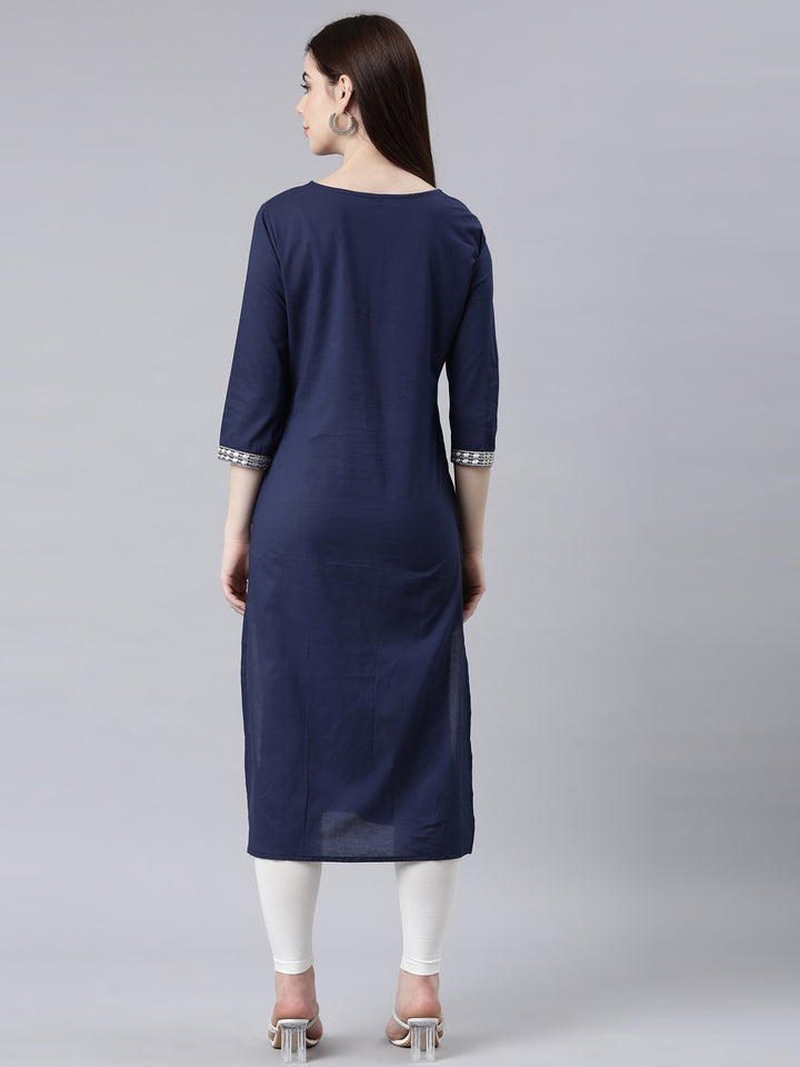 Neerus Blue cotton printed floral straight kurta - detail view 1