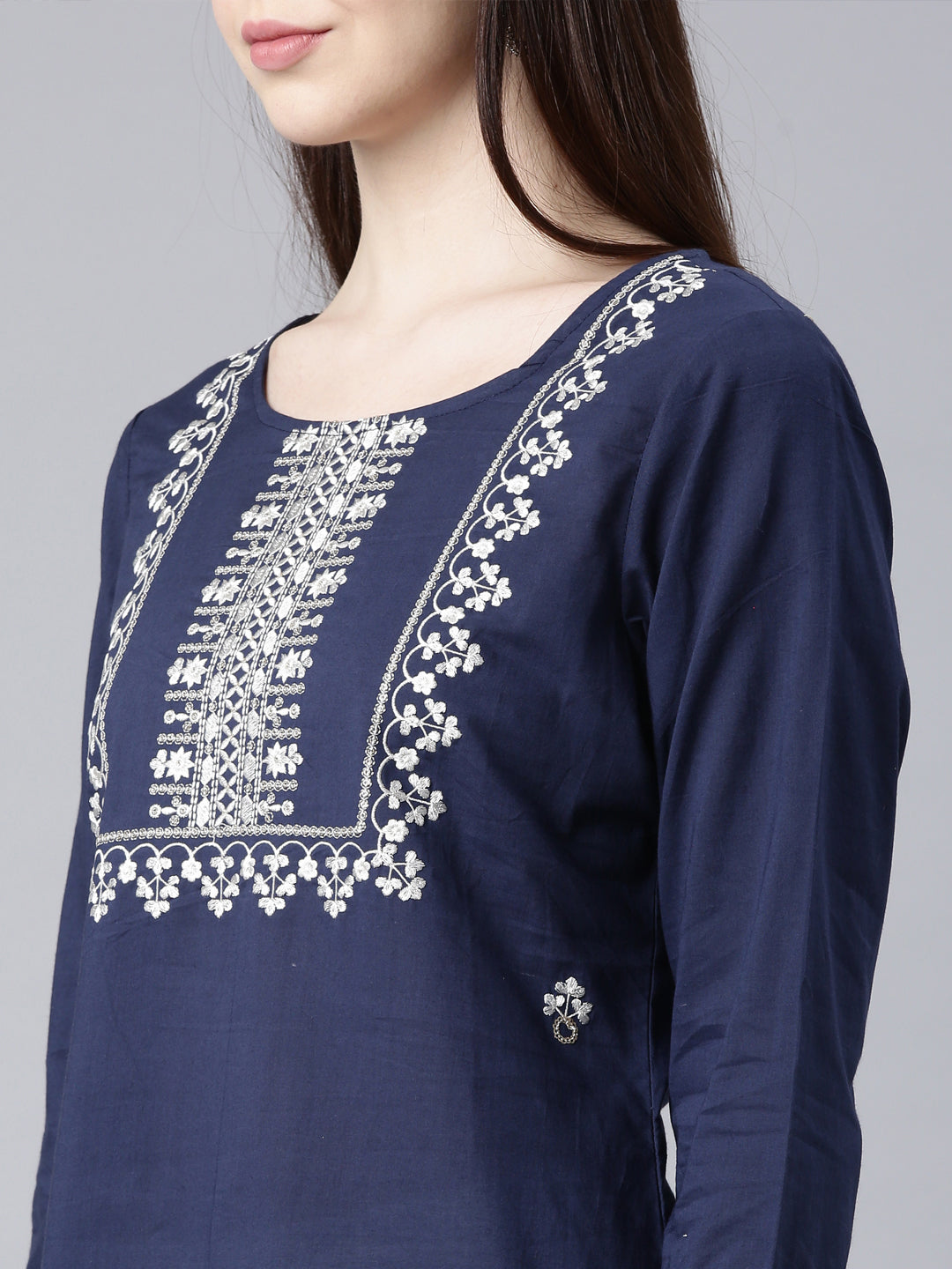 Neerus Blue cotton printed floral straight kurta - detail view 2