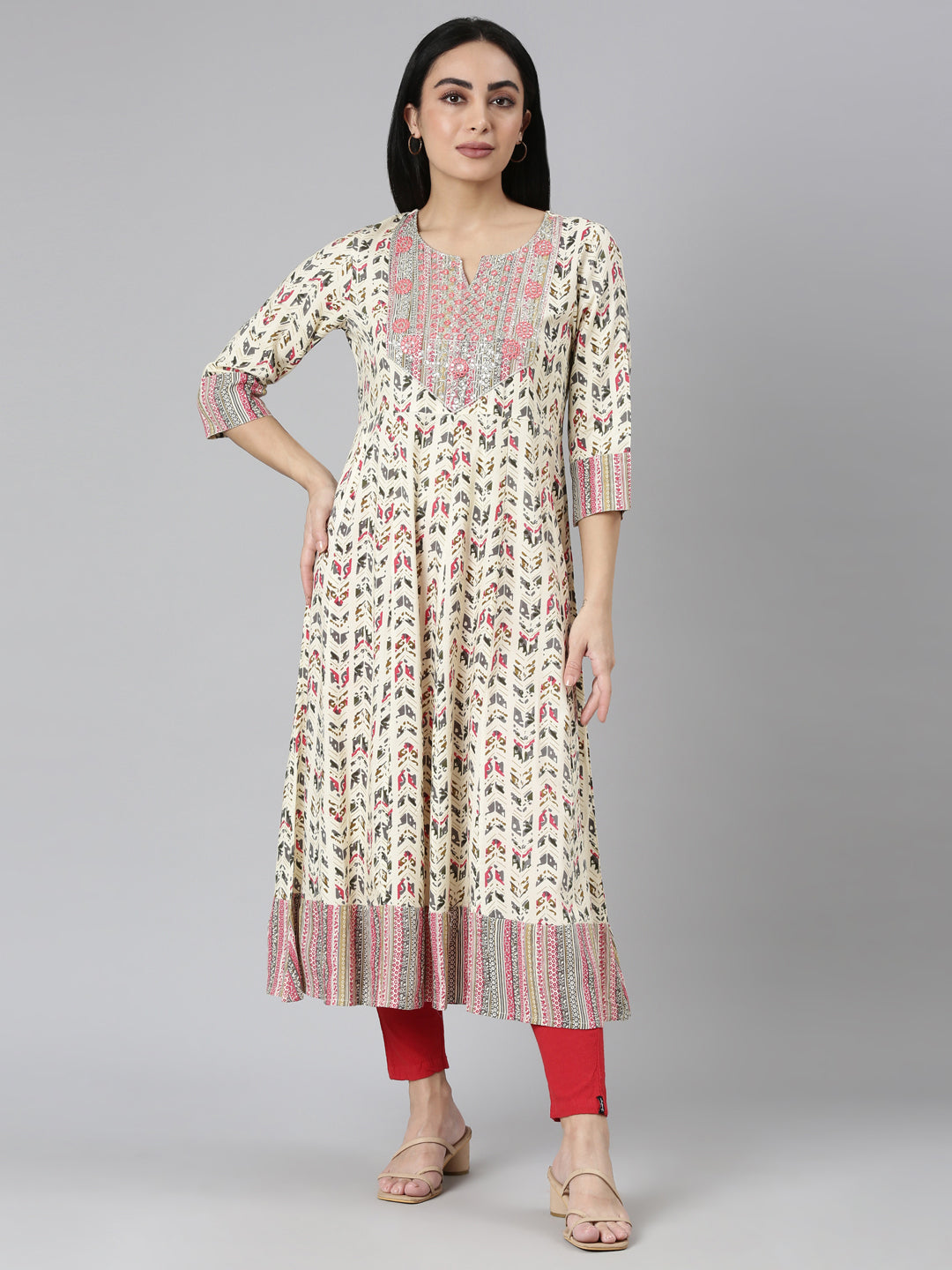 Neerus Pink georgette printed anarkali kurta - front view