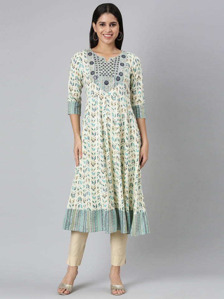 Neerus Green printed floral anarkali kurta - front view