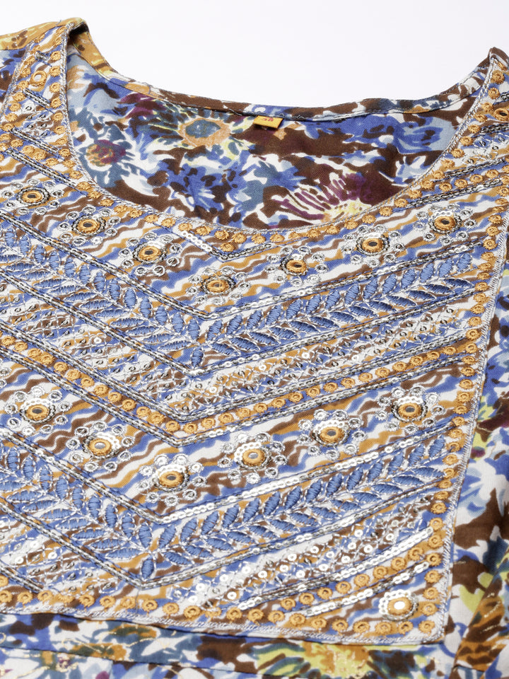 Neerus Brown Straight Casual Floral Anarkali Kurtas