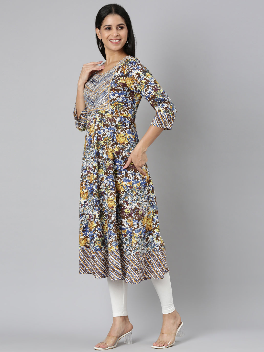 Neerus Brown Straight Casual Floral Anarkali Kurtas