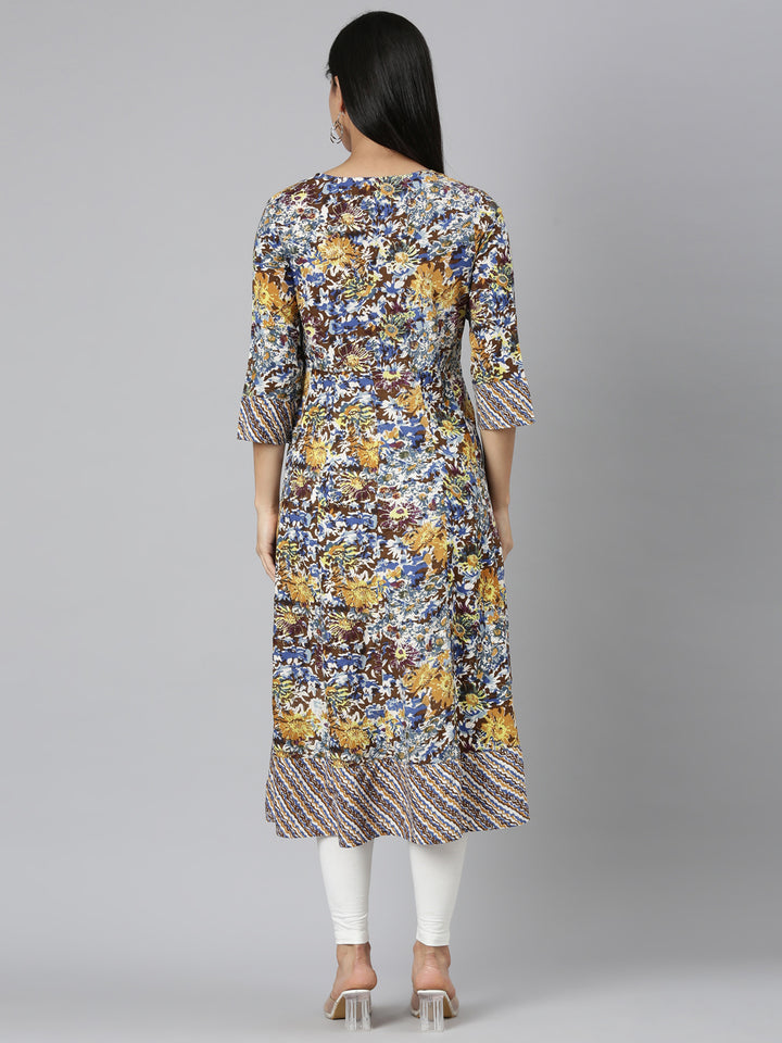 Neerus Brown Straight Casual Floral Anarkali Kurtas