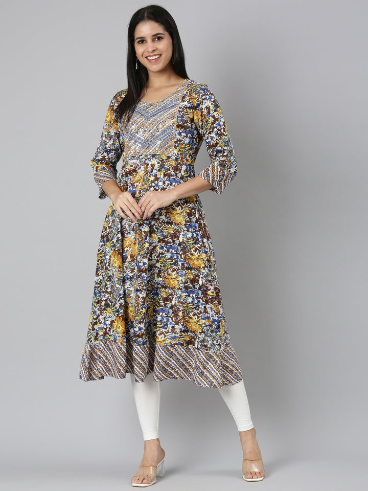 Neerus Brown Straight Casual Floral Anarkali Kurtas