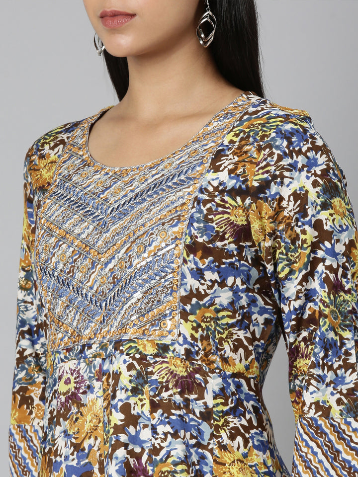 Neerus Brown Straight Casual Floral Anarkali Kurtas