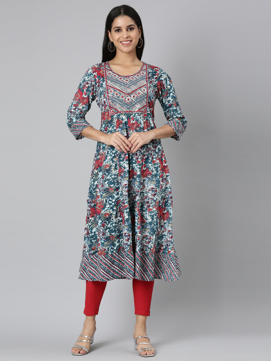 Neerus Green floral printed anarkali kurta - front view