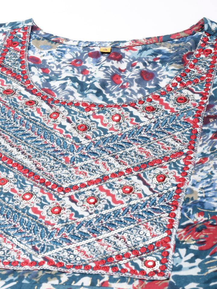 Neerus Green floral printed anarkali kurta - detail view 3