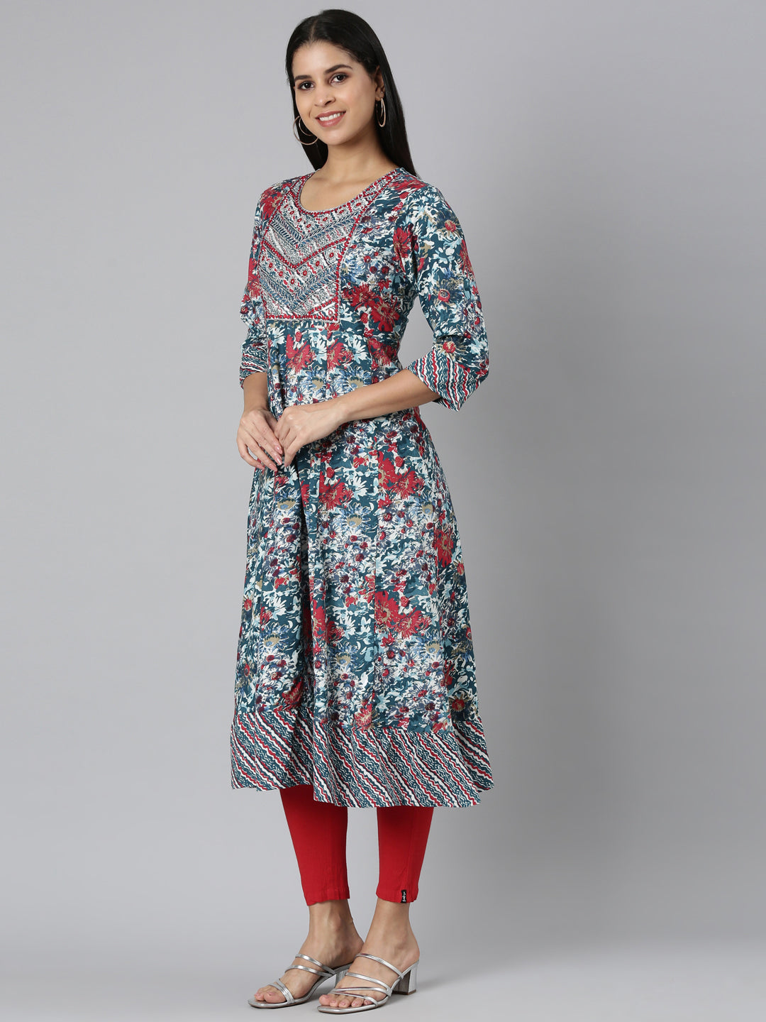 Neerus Green floral printed anarkali kurta - back view