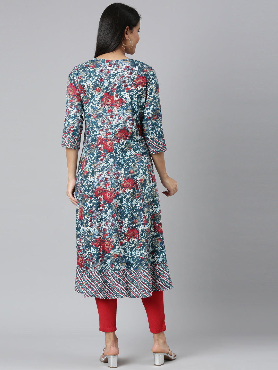 Neerus Green floral printed anarkali kurta - detail view 1