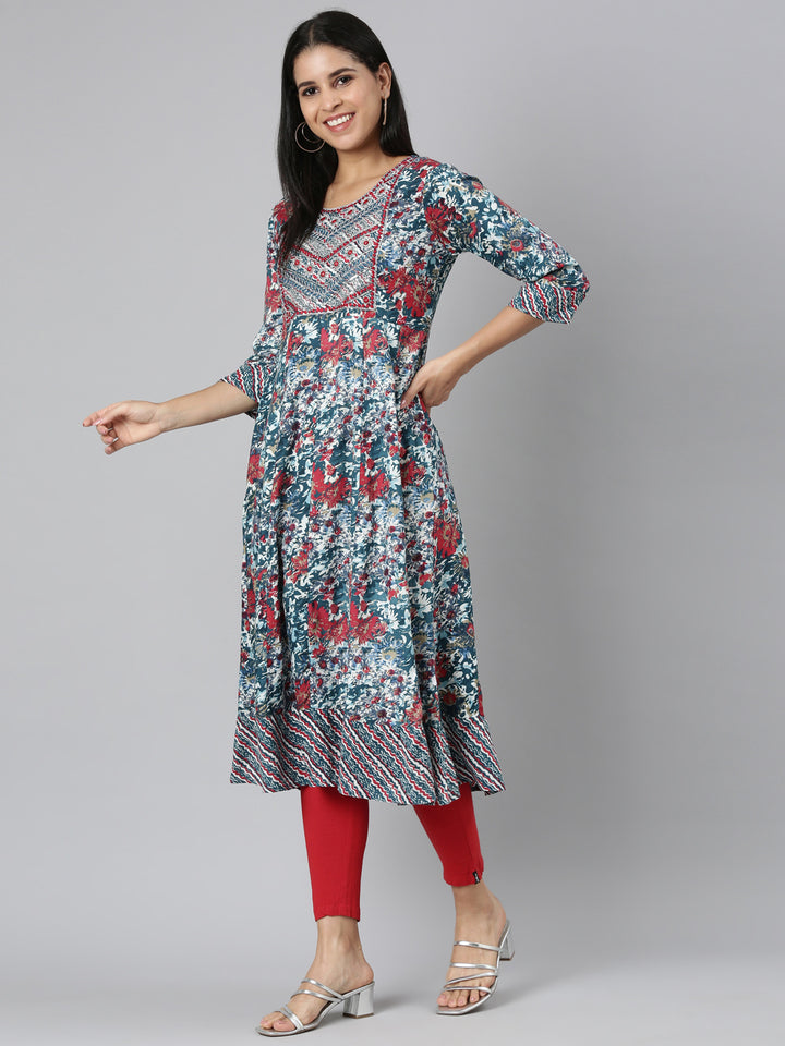Neerus Green floral printed anarkali kurta - detail view 5