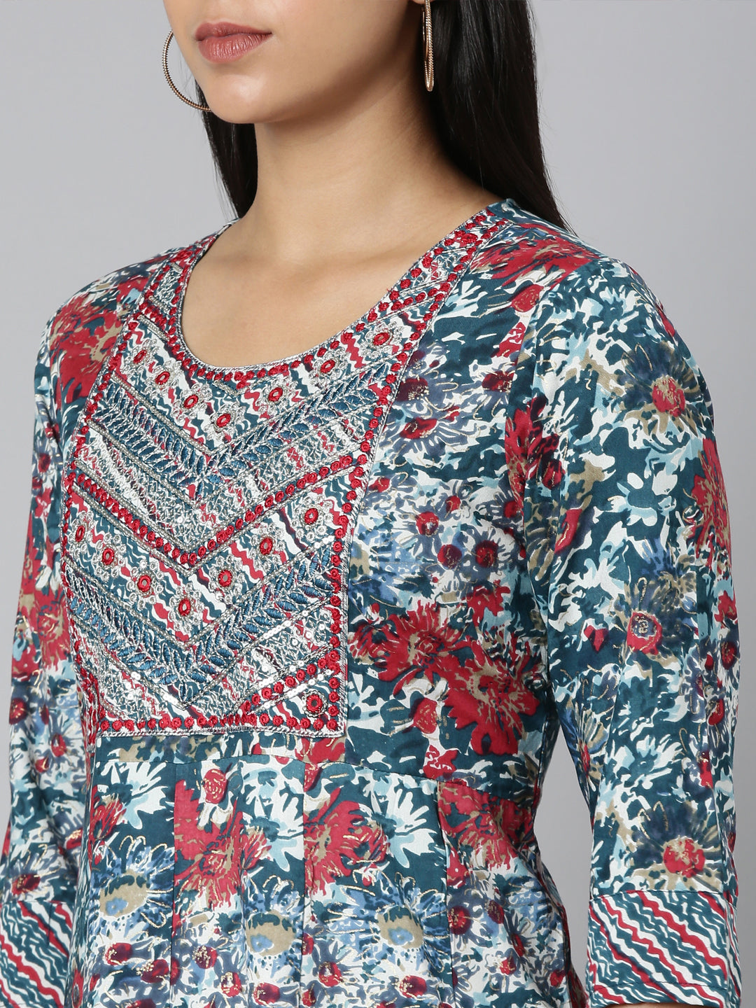 Neerus Green floral printed anarkali kurta - detail view 2