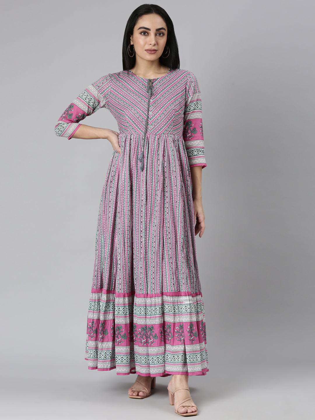 Neerus Pink Ethnic Printed Cotton Maxi Dress for Casual Women – Neerus India