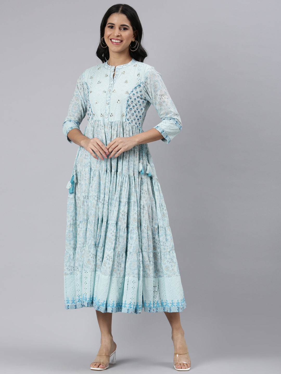 Neerus Blue Floral Printed Cotton A-Line Dress for Casual Women – Neerus  India