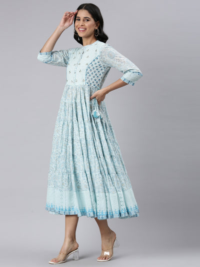 Neerus Blue Flared Casual Floral Fit and Flare Dresses