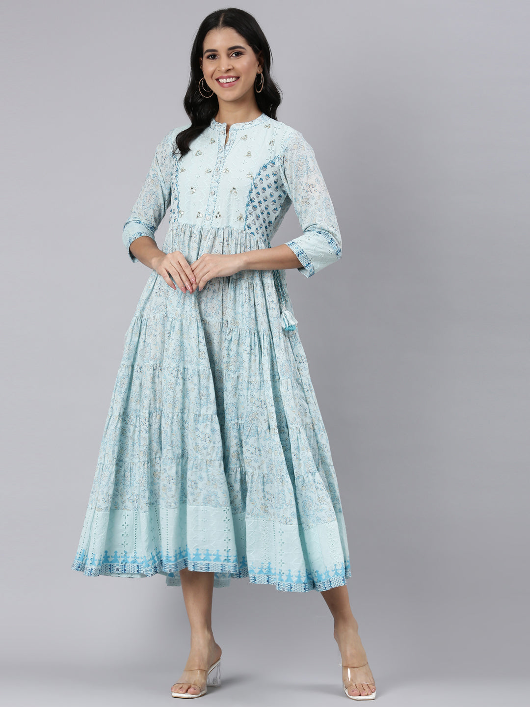 Neerus Blue Flared Casual Floral Fit and Flare Dresses