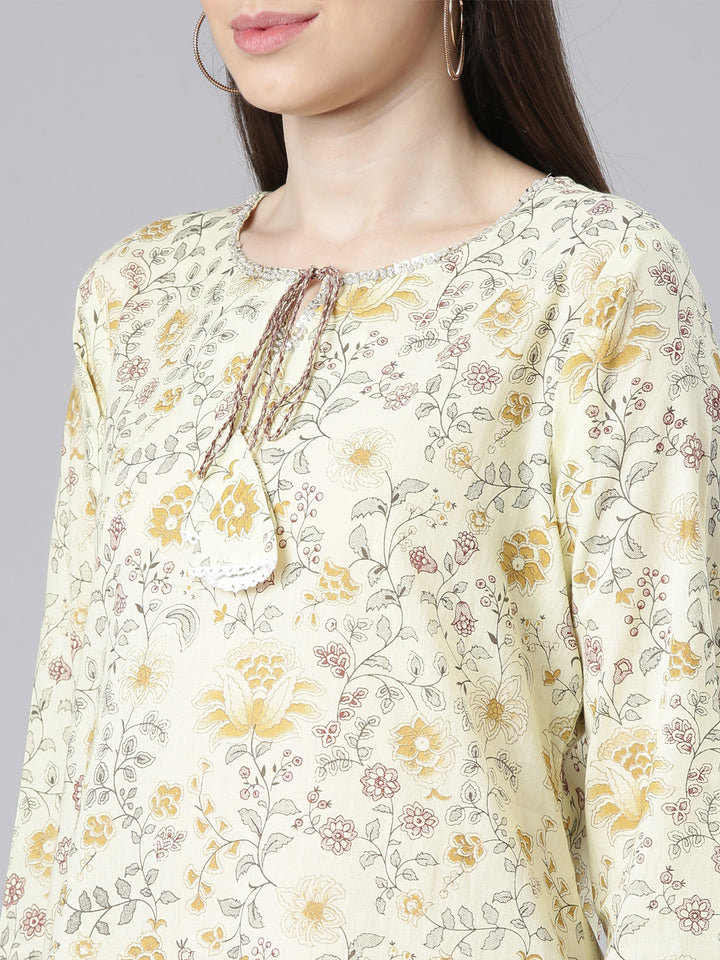 Neerus Yellow Printed Straight Kurta and Trousers With Dupatta