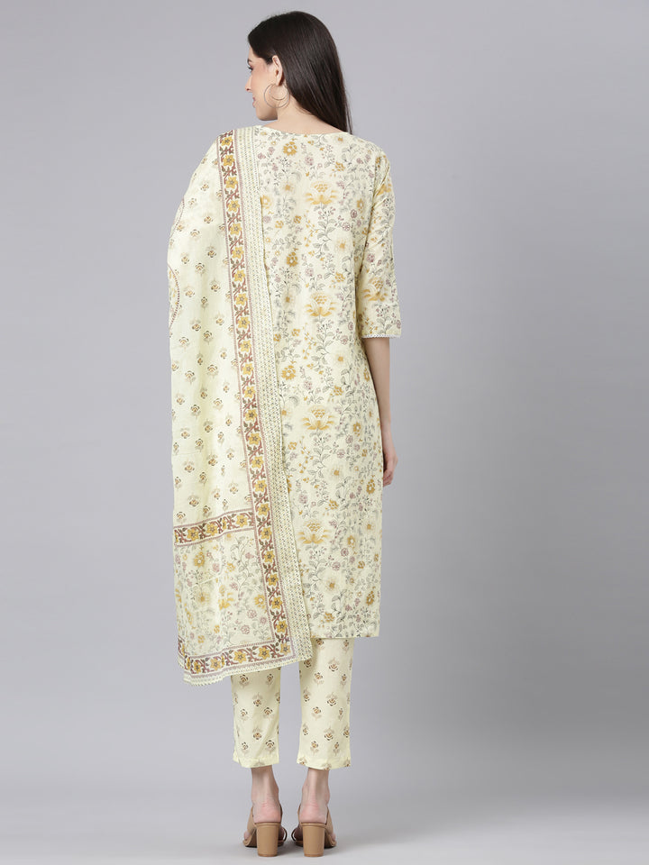 Neerus Yellow Printed Straight Kurta and Trousers With Dupatta