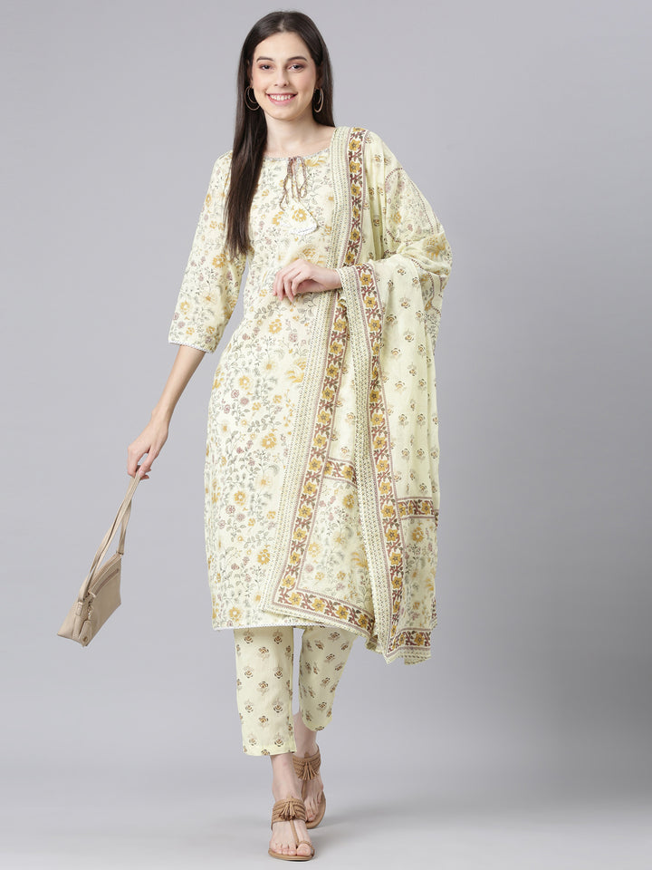 Neerus Yellow Printed Straight Kurta and Trousers With Dupatta