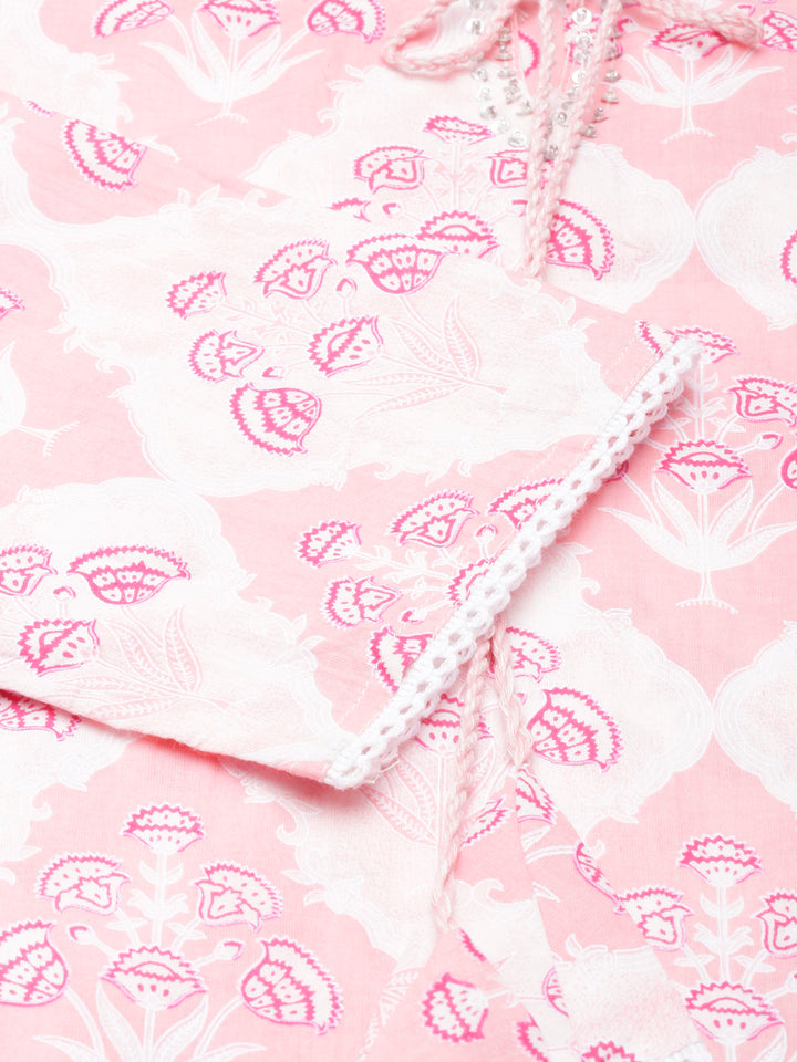 Neerus Pink Regular Straight Printed Kurta and Trousers With Dupatta